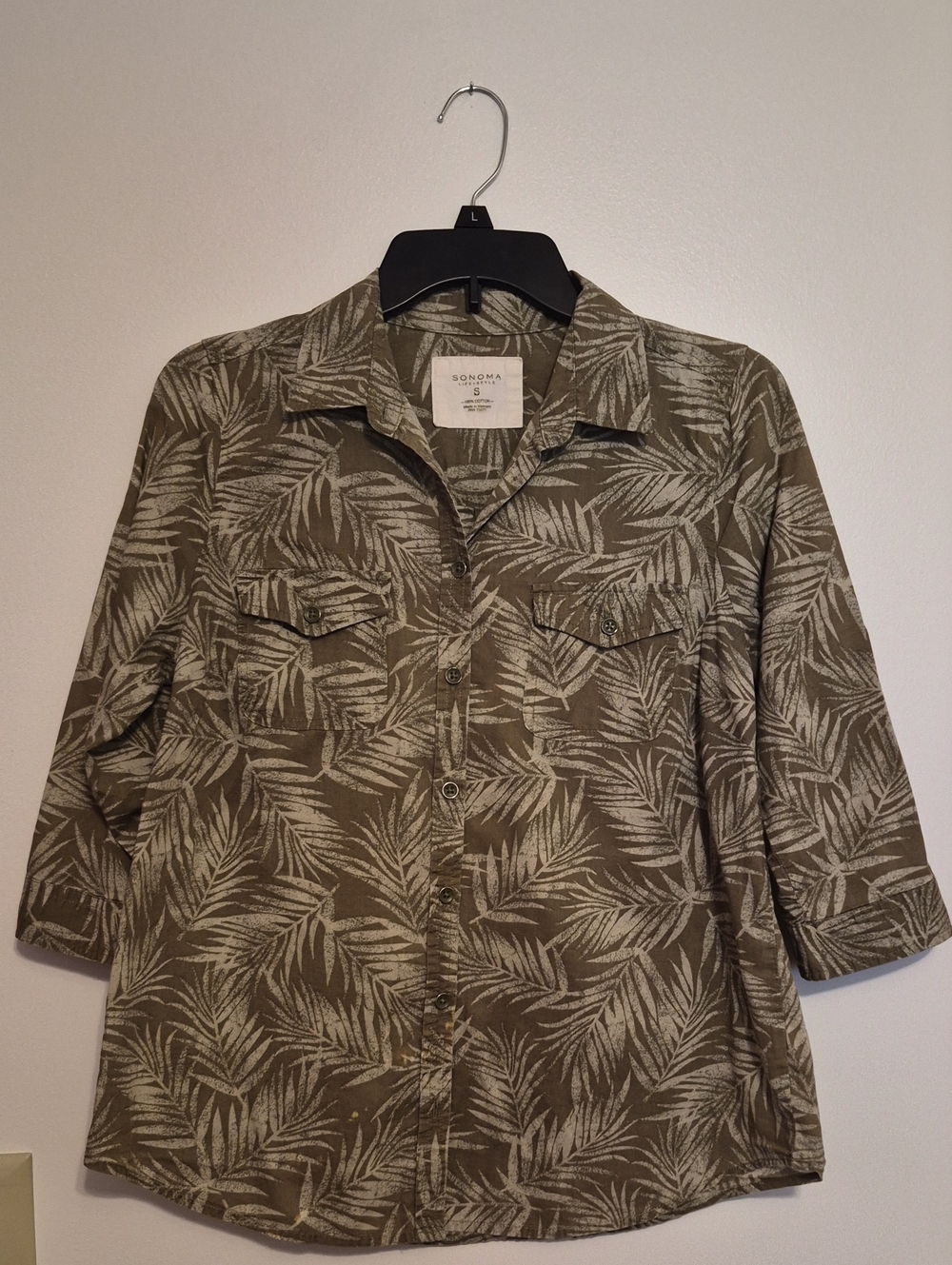 Sonoma Olive & Cream Palm-Print Casual Button-Down Shirt SZ S